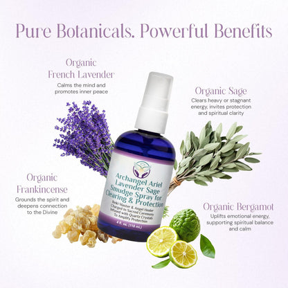 Lavendel-Salbei Räucherspray - Erzengel Ariel Salbei Nebel, Energie-Reinigung & Schutz, Rauchfrei, Reiki-aufgeladene Aromatherapie, Bett-, Raum- & Kissen-Spray mit ätherischem Öl & Quarz, 118 ml