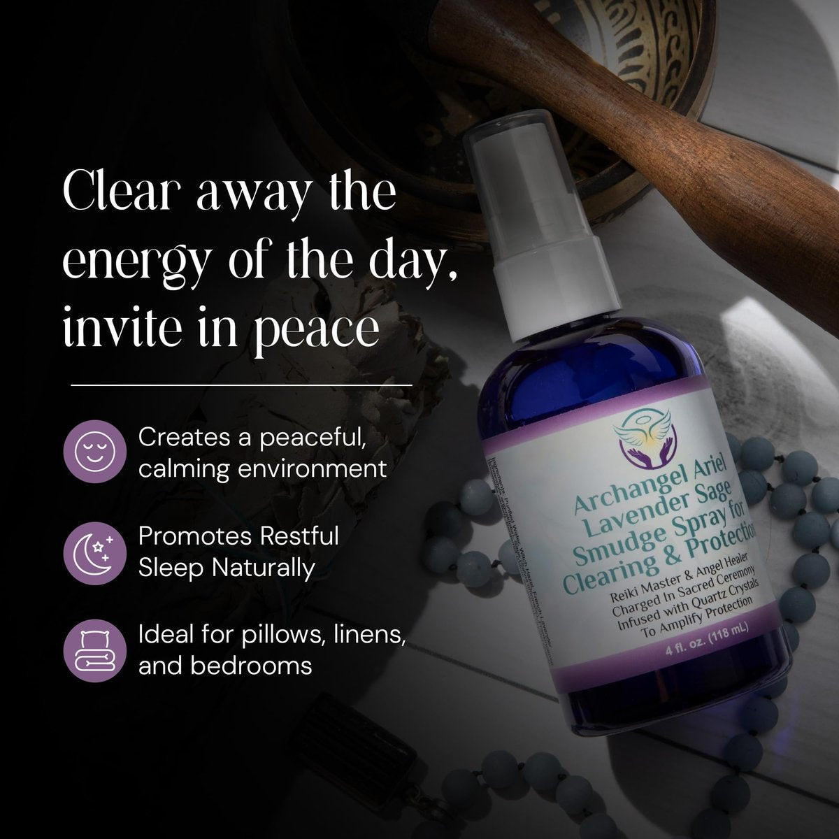 Lavendel-Salbei Räucherspray - Erzengel Ariel Salbei Nebel, Energie-Reinigung & Schutz, Rauchfrei, Reiki-aufgeladene Aromatherapie, Bett-, Raum- & Kissen-Spray mit ätherischem Öl & Quarz, 118 ml