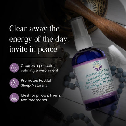 Lavendel-Salbei Räucherspray - Erzengel Ariel Salbei Nebel, Energie-Reinigung & Schutz, Rauchfrei, Reiki-aufgeladene Aromatherapie, Bett-, Raum- & Kissen-Spray mit ätherischem Öl & Quarz, 118 ml