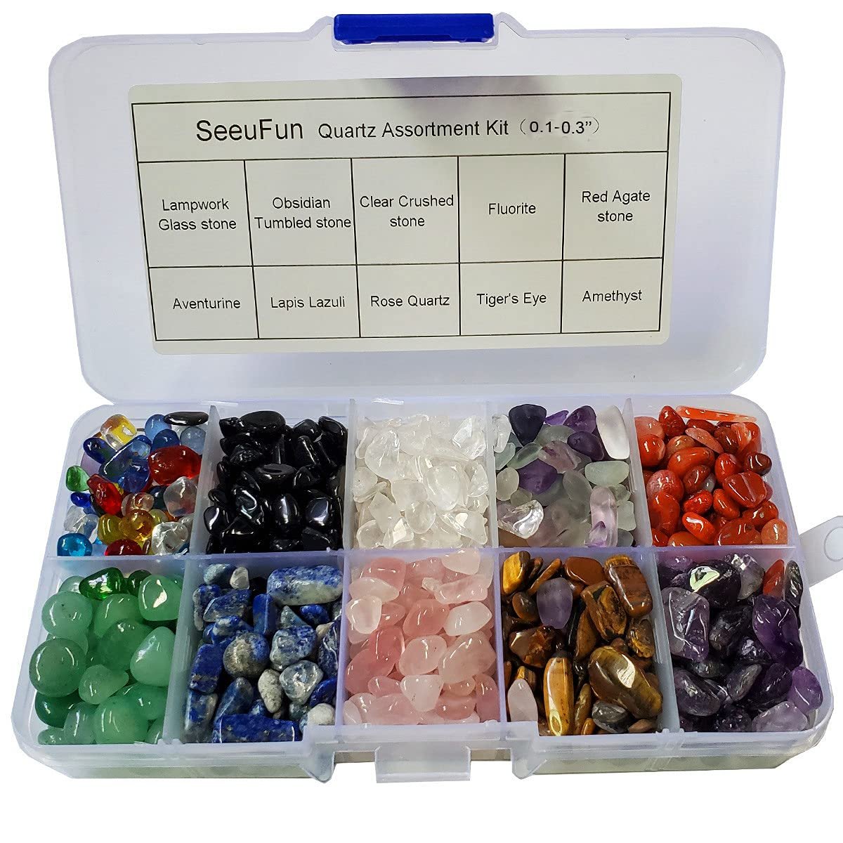 SeeuFun Bunte Mini Kristallsteine, getrommelte Chips, Fluorit, Tigerauge, Rosenquarz, Amethyst (ca. 227 g)