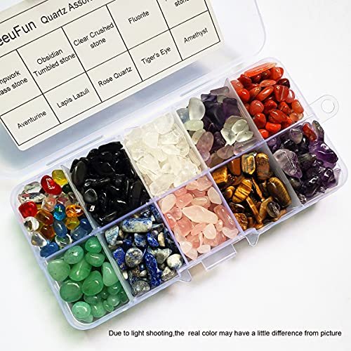 SeeuFun Bunte Mini Kristallsteine, getrommelte Chips, Fluorit, Tigerauge, Rosenquarz, Amethyst (ca. 227 g)