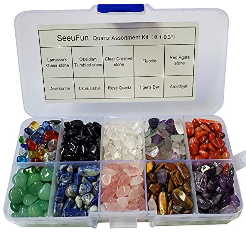 SeeuFun Bunte Mini Kristallsteine, getrommelte Chips, Fluorit, Tigerauge, Rosenquarz, Amethyst (ca. 227 g)