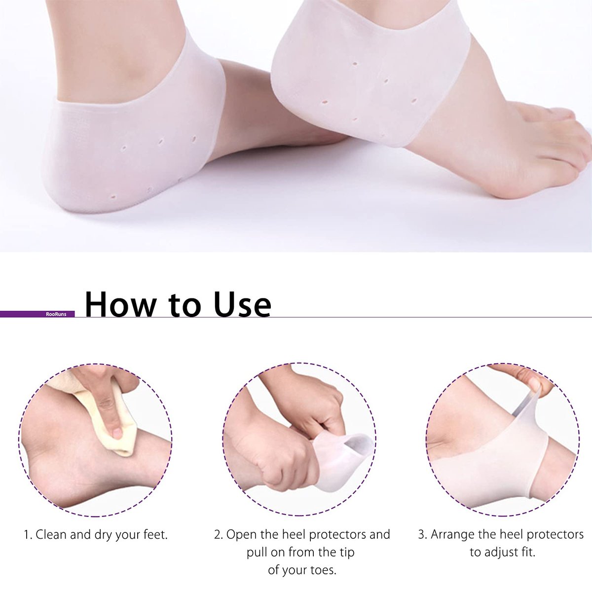 RooRuns Silikon Fersenschoner, 2 Paar Gel-Polster zur Vorbeugung von Blasen, Achillessehnenentzündung, trockenen rissigen Fersen, Plantarfasziitis-Einlagen, atmungsaktive Cups zur Schmerzlinderung, für Damen und Herren