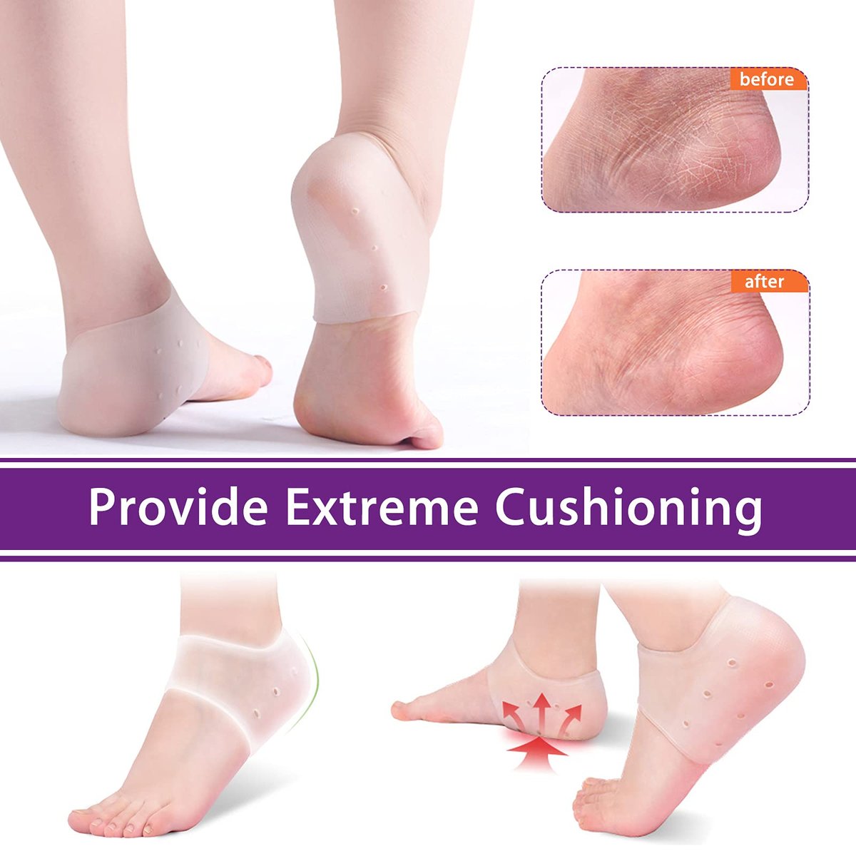 RooRuns Silikon Fersenschoner, 2 Paar Gel-Polster zur Vorbeugung von Blasen, Achillessehnenentzündung, trockenen rissigen Fersen, Plantarfasziitis-Einlagen, atmungsaktive Cups zur Schmerzlinderung, für Damen und Herren