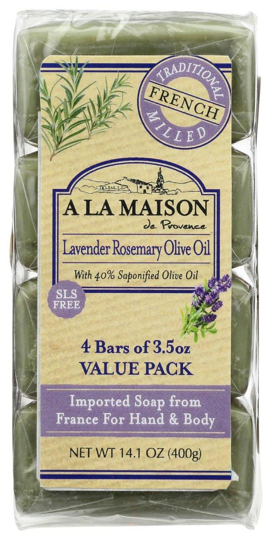 A LA MAISON Lavendel Rosmarin Olivenöl Seife - Französische Mühlenseife, feuchtigkeitsspendend, 4 x 100 g