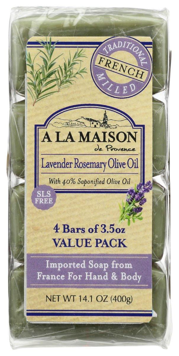 A LA MAISON Lavendel Rosmarin Olivenöl Seife - Französische Mühlenseife, feuchtigkeitsspendend, 4 x 100 g