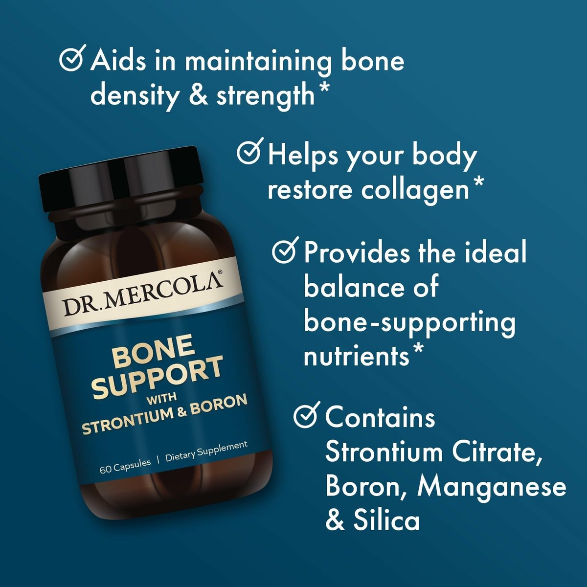Dr. Mercola Knochenunterstützung mit Strontium & Bor – Fördert die Knochenstärke – Silizium, Mangan & Spurenelemente – Nicht-GVO, glutenfrei & sojafrei – 60 Kapseln (30 Portionen)
