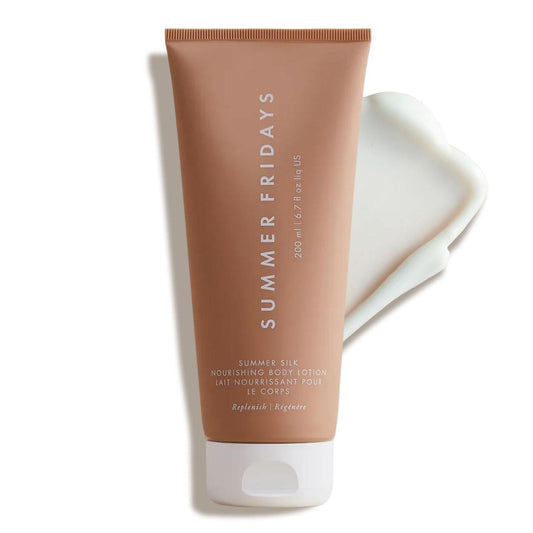 Summer Fridays Summer Silk Nährende Körperlotion – Feuchtigkeitsspendende Körperlotion mit Hyaluronsäure, Sheabutter, Traubenkernöl und Kakaobutter – Nicht fettender Feuchtigkeitsspender für trockene Haut (6,7 Fl Oz)