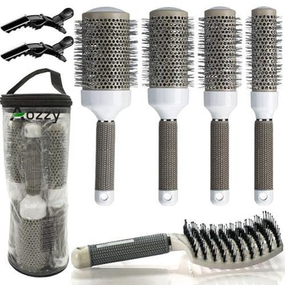 Rundbürsten-Set fürs Föhnen: Wildschweinborsten, belüftet, gebogen, entwirrend, mit Thermo-Keramik- & Ionen-Technologie – Reduziert Frizz, macht das Haar glatt & glänzend für Locken & Glätten