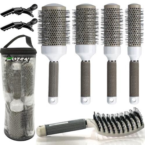 Rundbürsten-Set fürs Föhnen: Wildschweinborsten, belüftet, gebogen, entwirrend, mit Thermo-Keramik- & Ionen-Technologie – Reduziert Frizz, macht das Haar glatt & glänzend für Locken & Glätten