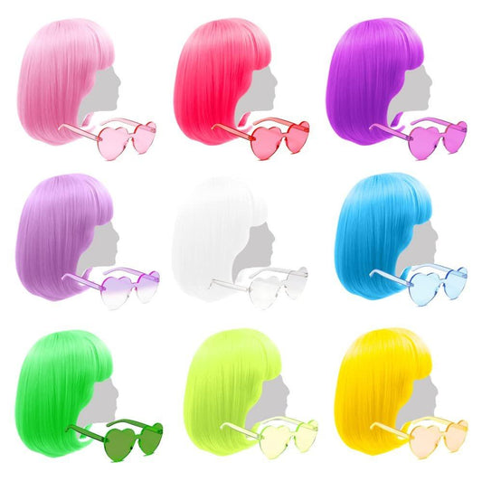 LIULIUBTY 9-teiliger farbenfroher Bob-Perücke, 30 cm gerade mit Pony, Bubble Gum Serie, Party-Perücken für Frauen, inklusive Herz-Sonnenbrille