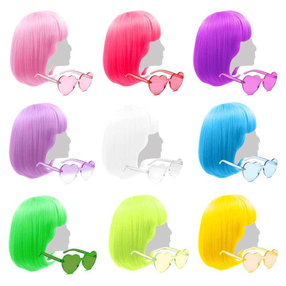 LIULIUBTY 9-teiliger farbenfroher Bob-Perücke, 30 cm gerade mit Pony, Bubble Gum Serie, Party-Perücken für Frauen, inklusive Herz-Sonnenbrille