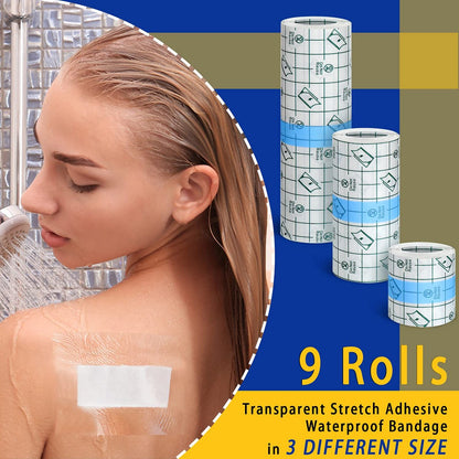 Nuanchu 9 Rollen Tattoo-Nachsorge-Bandage, wasserdicht, transparent, dehnbar, Klebeband, Tattoo-Folie zum Schwimmen, 3 Größen (2 Zoll, 4 Zoll, 6 Zoll breit)