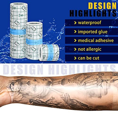 Nuanchu 9 Rollen Tattoo-Nachsorge-Bandage, wasserdicht, transparent, dehnbar, Klebeband, Tattoo-Folie zum Schwimmen, 3 Größen (2 Zoll, 4 Zoll, 6 Zoll breit)