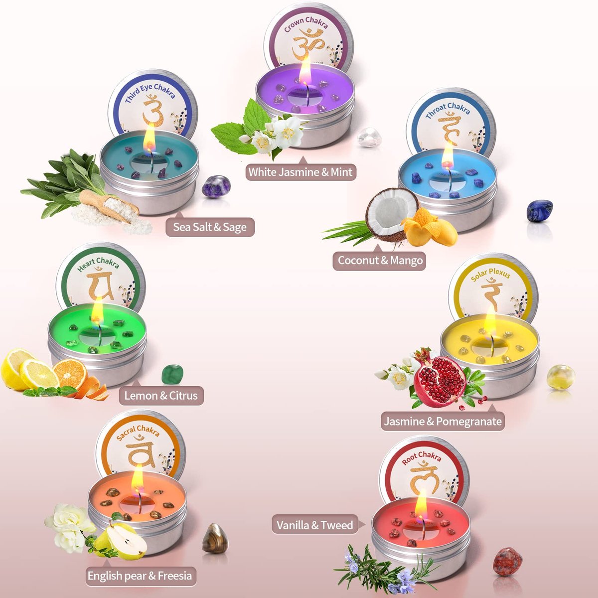 Inspireyes Chakra Kerzen Set mit 7 Kristall-Duftkerzen – Meditation, spirituelle Heilung, positive Energie, Yoga, Reinigung, Manifestation, Entspannung
