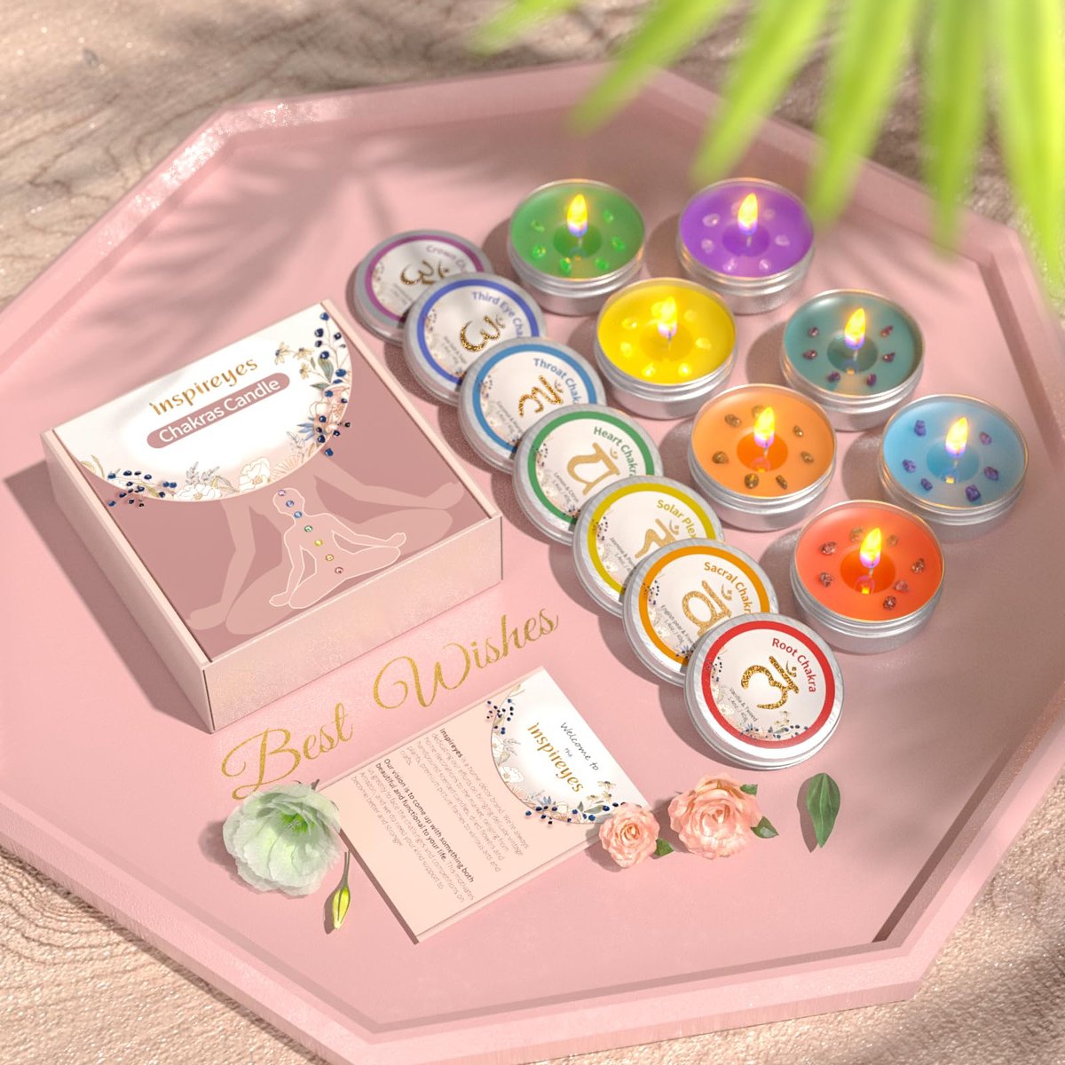 Inspireyes Chakra Kerzen Set mit 7 Kristall-Duftkerzen – Meditation, spirituelle Heilung, positive Energie, Yoga, Reinigung, Manifestation, Entspannung