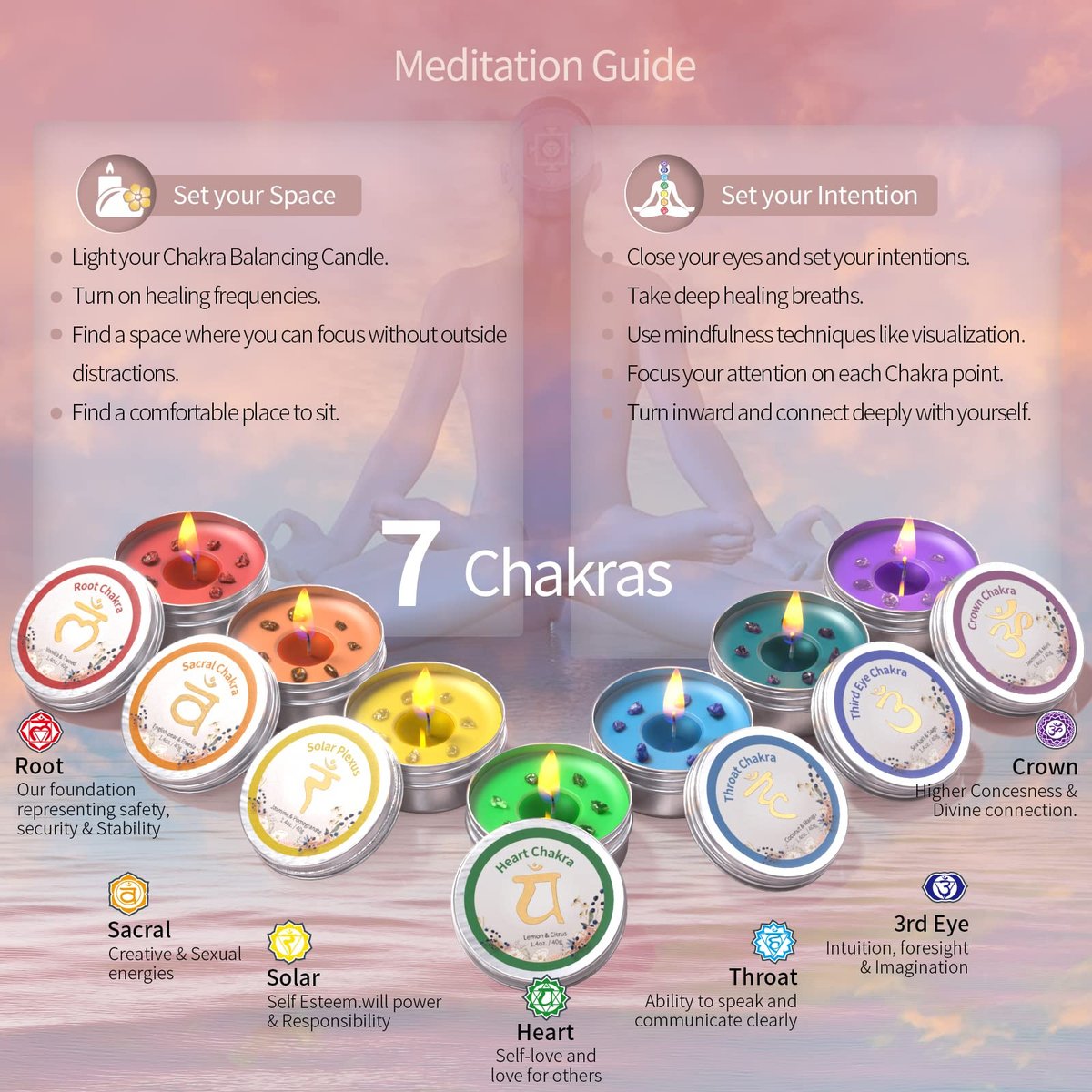 Inspireyes Chakra Kerzen Set mit 7 Kristall-Duftkerzen – Meditation, spirituelle Heilung, positive Energie, Yoga, Reinigung, Manifestation, Entspannung