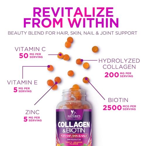 Collagen Gummies mit 2500 mcg Biotin – Kollagen Komplex mit hydrolysierten Peptiden Typ I & III, Zink & Vitamin C – Haut-, Haar- & Nagelsupport für Frauen & Männer – 60 Gummibärchen