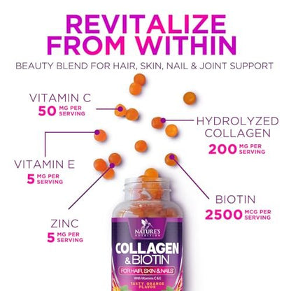 Collagen Gummies mit 2500 mcg Biotin – Kollagen Komplex mit hydrolysierten Peptiden Typ I & III, Zink & Vitamin C – Haut-, Haar- & Nagelsupport für Frauen & Männer – 60 Gummibärchen