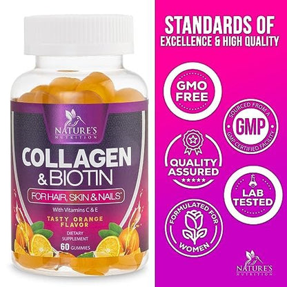 Collagen Gummies mit 2500 mcg Biotin – Kollagen Komplex mit hydrolysierten Peptiden Typ I & III, Zink & Vitamin C – Haut-, Haar- & Nagelsupport für Frauen & Männer – 60 Gummibärchen