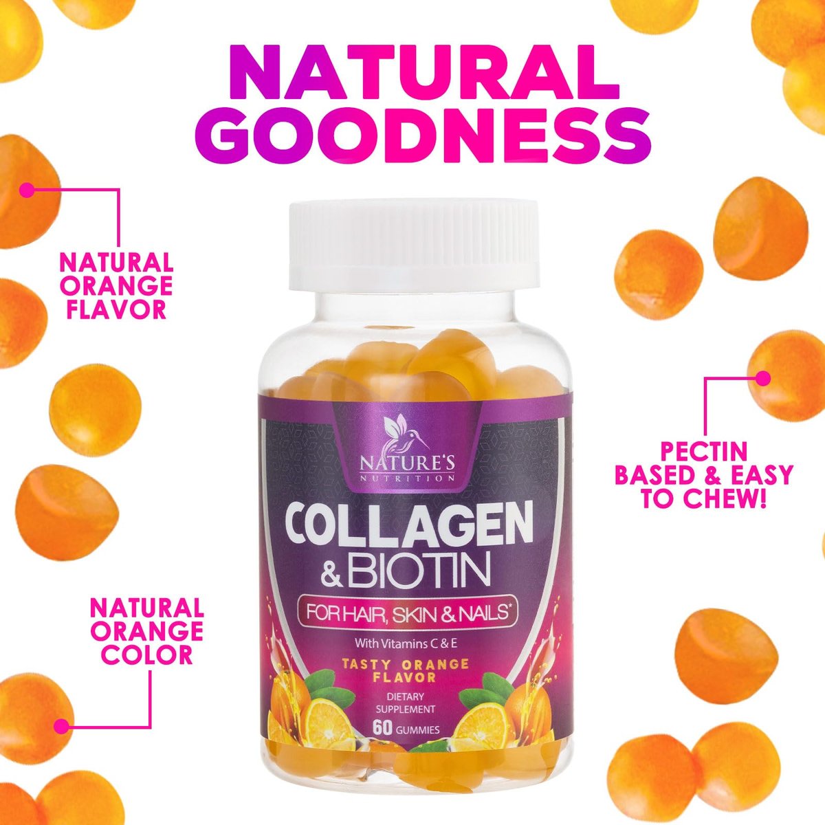 Collagen Gummies mit 2500 mcg Biotin – Kollagen Komplex mit hydrolysierten Peptiden Typ I & III, Zink & Vitamin C – Haut-, Haar- & Nagelsupport für Frauen & Männer – 60 Gummibärchen