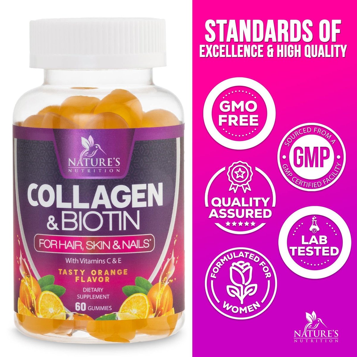 Collagen Gummies mit 2500 mcg Biotin – Kollagen Komplex mit hydrolysierten Peptiden Typ I & III, Zink & Vitamin C – Haut-, Haar- & Nagelsupport für Frauen & Männer – 60 Gummibärchen