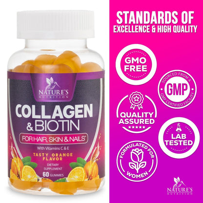 Collagen Gummies mit 2500 mcg Biotin – Kollagen Komplex mit hydrolysierten Peptiden Typ I & III, Zink & Vitamin C – Haut-, Haar- & Nagelsupport für Frauen & Männer – 60 Gummibärchen