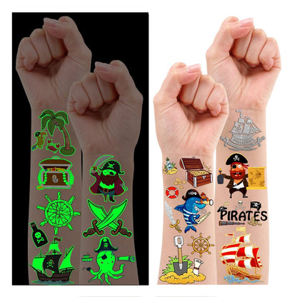 PARTYWIND 34 Piraten Motive Geburtstagsparty-Zubehör, Glow + Metallic Glitter Piraten Temporäre Tattoos für Kinder, Partygeschenke, Dekorationen, Piraten Tattoo Aufkleber Spiele für Jungen und Mädchen