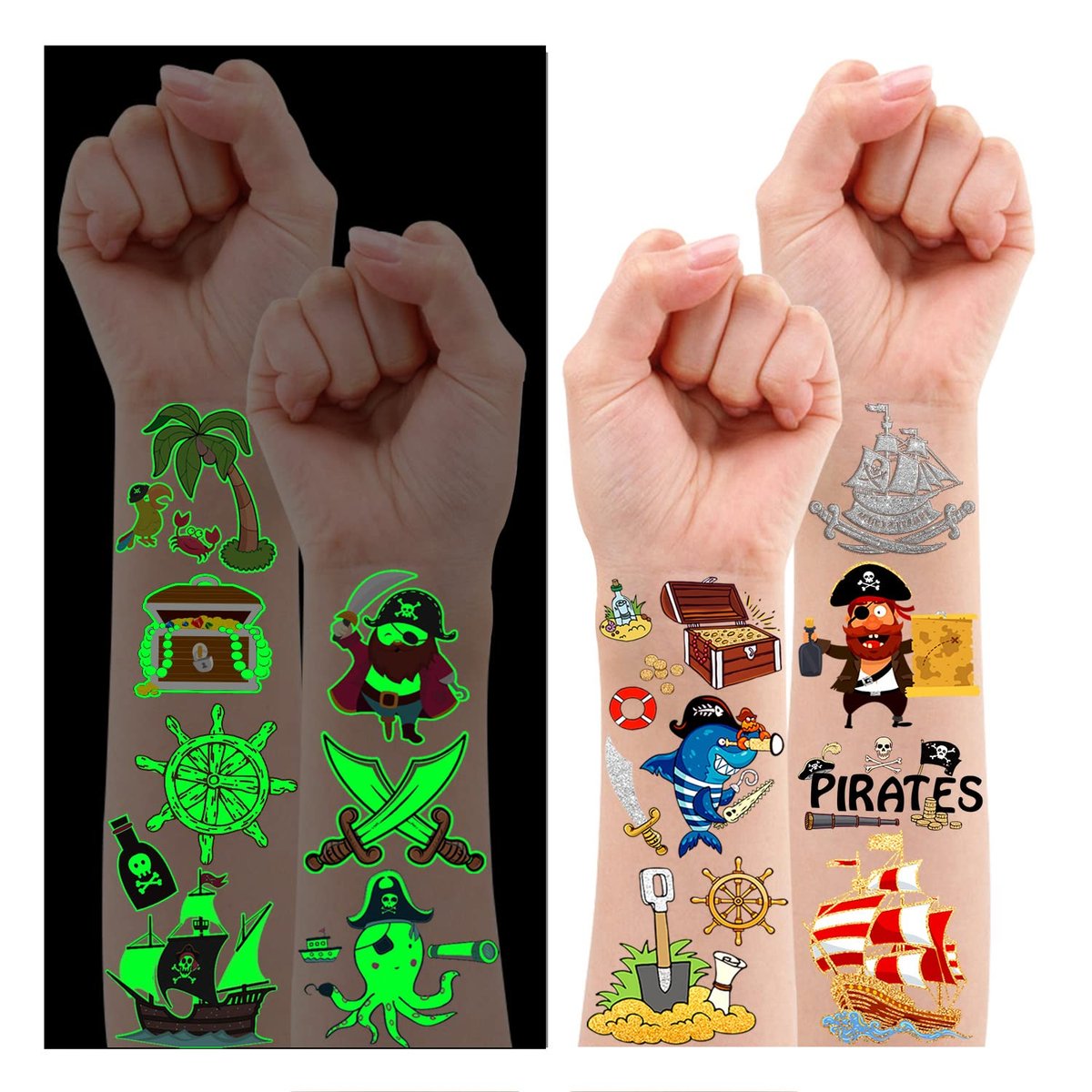 PARTYWIND 34 Piraten Motive Geburtstagsparty-Zubehör, Glow + Metallic Glitter Piraten Temporäre Tattoos für Kinder, Partygeschenke, Dekorationen, Piraten Tattoo Aufkleber Spiele für Jungen und Mädchen