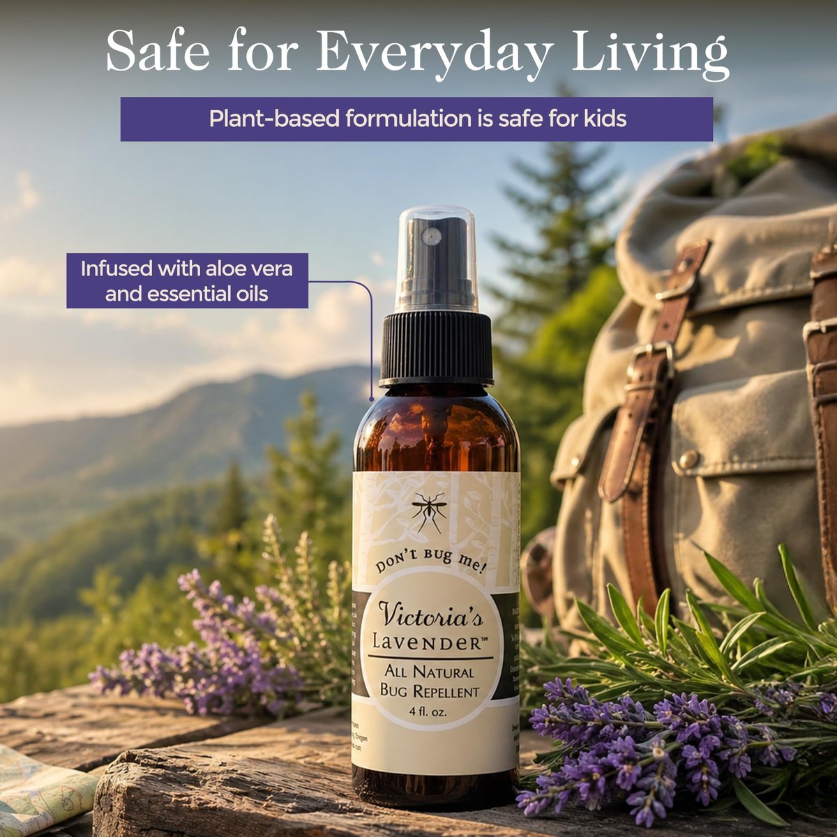 Victoria's Lavender Don’t Bug Me Insektenspray - Natürlicher Insektenschutz für Kinder - Ideal für den Innen- und Außenbereich - DEET-frei mit ätherischen Ölen, Aloe Vera & Eukalyptus - Hergestellt in den USA – 118 ml