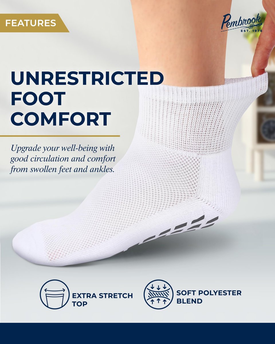 Pembrook Diabetische Socken für Damen & Herren mit Griffen | 6 Paar Quarter-Länge Weite Nicht Bindende Diabetikersocken für Herren Rutschfest | Ödeme, Neuropathie für Frauen & Männer