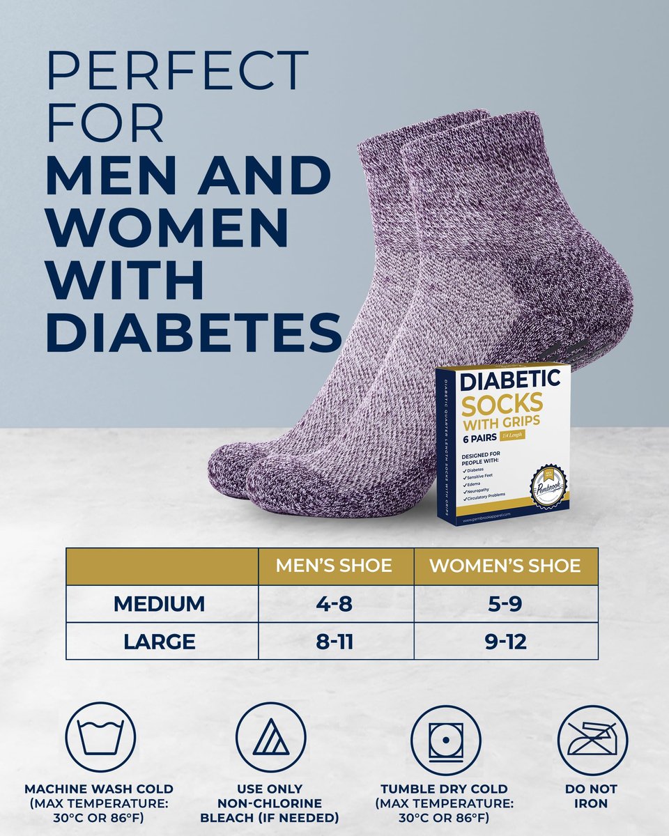 Pembrook Diabetische Socken für Damen & Herren mit Griffen | 6 Paar Quarter-Länge Weite Nicht Bindende Diabetikersocken für Herren Rutschfest | Ödeme, Neuropathie für Frauen & Männer