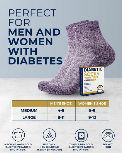 Pembrook Diabetische Socken für Damen & Herren mit Griffen | 6 Paar Quarter-Länge Weite Nicht Bindende Diabetikersocken für Herren Rutschfest | Ödeme, Neuropathie für Frauen & Männer