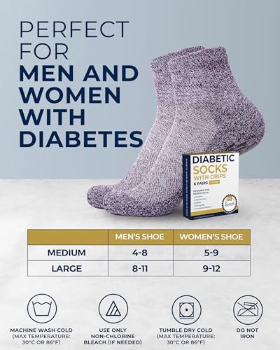 Pembrook Diabetische Socken für Damen & Herren mit Griffen | 6 Paar Quarter-Länge Weite Nicht Bindende Diabetikersocken für Herren Rutschfest | Ödeme, Neuropathie für Frauen & Männer