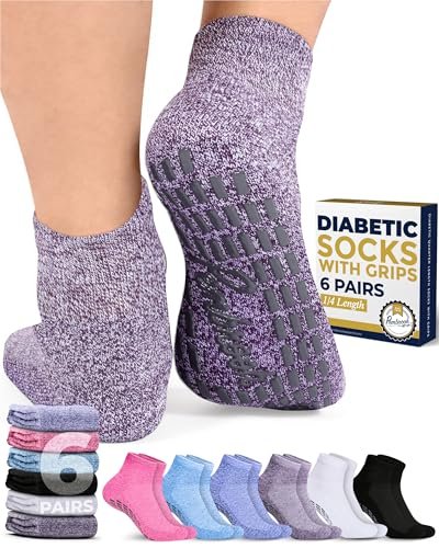 Pembrook Diabetische Socken für Damen & Herren mit Griffen | 6 Paar Quarter-Länge Weite Nicht Bindende Diabetikersocken für Herren Rutschfest | Ödeme, Neuropathie für Frauen & Männer