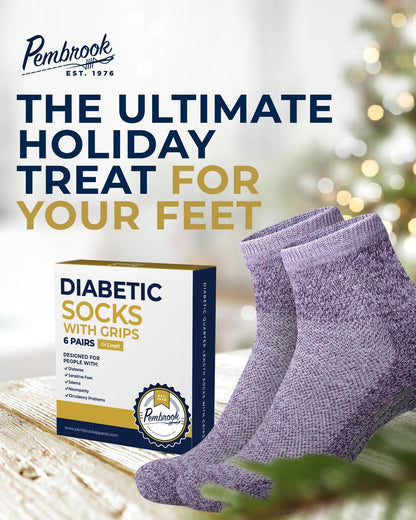 Pembrook Diabetische Socken für Damen & Herren mit Griffen | 6 Paar Quarter-Länge Weite Nicht Bindende Diabetikersocken für Herren Rutschfest | Ödeme, Neuropathie für Frauen & Männer