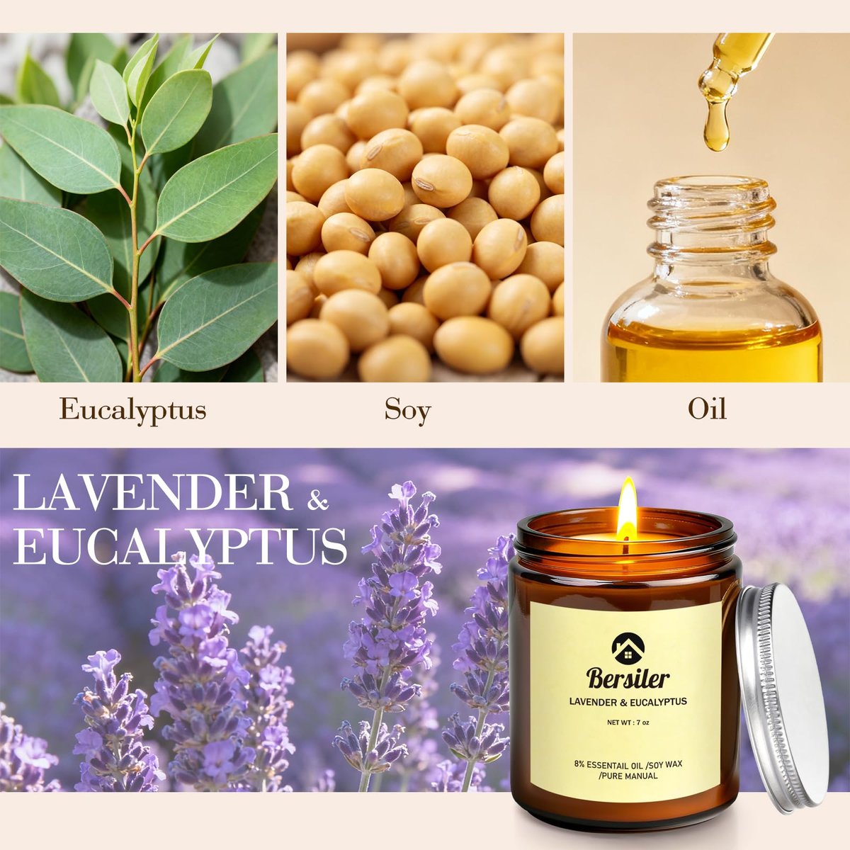 Bersiler Aromatherapie-Kerzen, Duftkerzen, 7OZ Lavendel-Eukalyptus-Kerzen gegen Stress und zur Entspannung für Zuhause & Schlafzimmer, Geschenk für Frauen, Geburtstag, Weihnachten, Sojawachs-Kerze