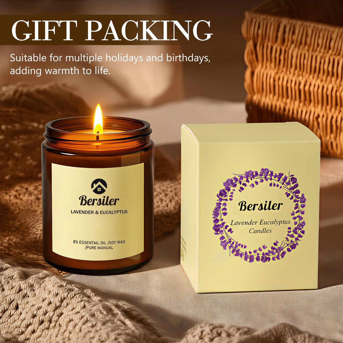 Bersiler Aromatherapie-Kerzen, Duftkerzen, 7OZ Lavendel-Eukalyptus-Kerzen gegen Stress und zur Entspannung für Zuhause & Schlafzimmer, Geschenk für Frauen, Geburtstag, Weihnachten, Sojawachs-Kerze