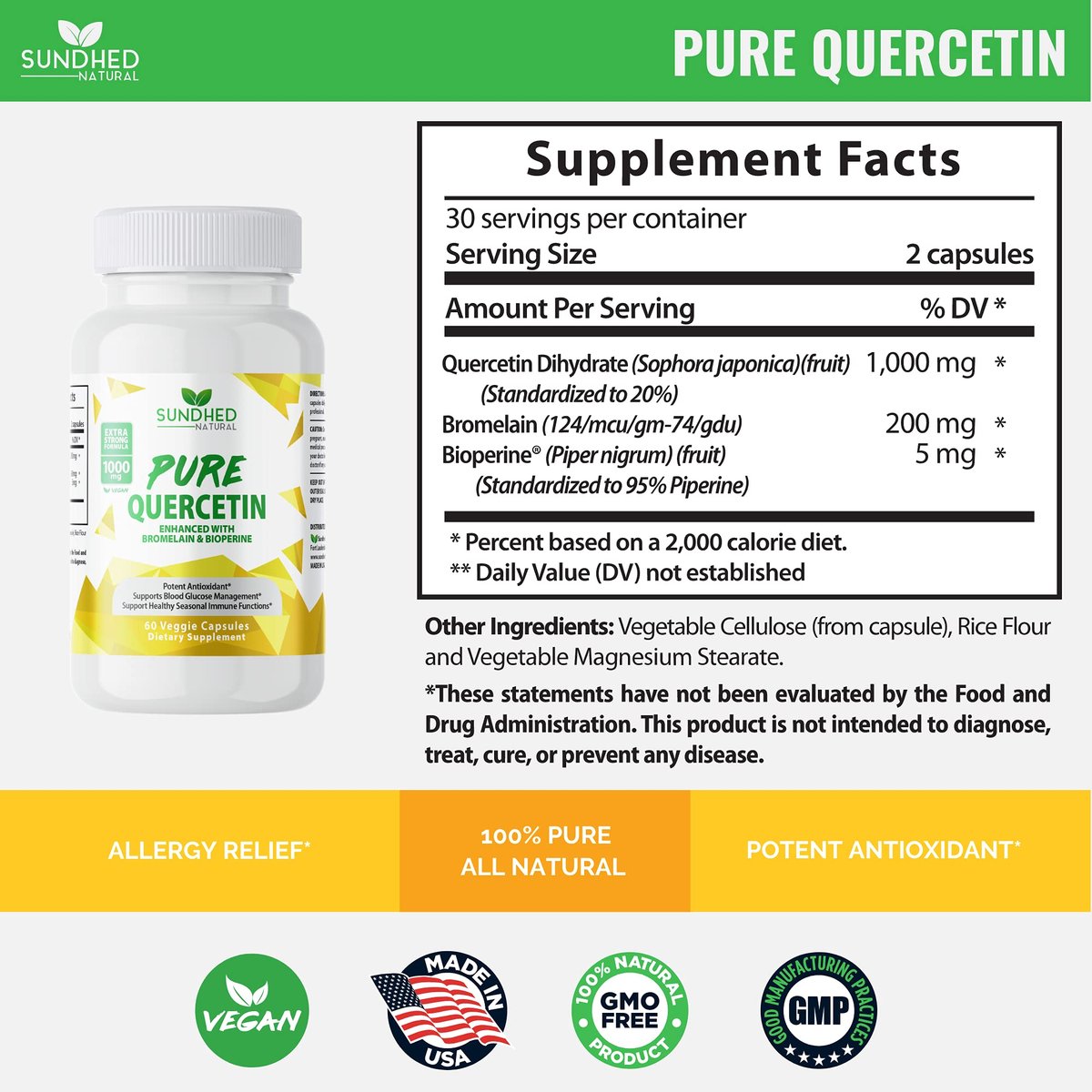 Sundhed Natural Reines Quercetin mit Bromelain und Bioperine - Antioxidantien Unterstützung, Extra starke Formel mit 1000 mg, 1-Monats-Vorrat (60 Kapseln)