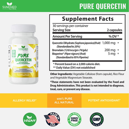 Sundhed Natural Reines Quercetin mit Bromelain und Bioperine - Antioxidantien Unterstützung, Extra starke Formel mit 1000 mg, 1-Monats-Vorrat (60 Kapseln)