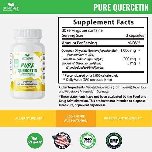 Sundhed Natural Reines Quercetin mit Bromelain und Bioperine - Antioxidantien Unterstützung, Extra starke Formel mit 1000 mg, 1-Monats-Vorrat (60 Kapseln)