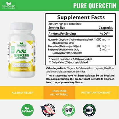 Sundhed Natural Reines Quercetin mit Bromelain und Bioperine - Antioxidantien Unterstützung, Extra starke Formel mit 1000 mg, 1-Monats-Vorrat (60 Kapseln)