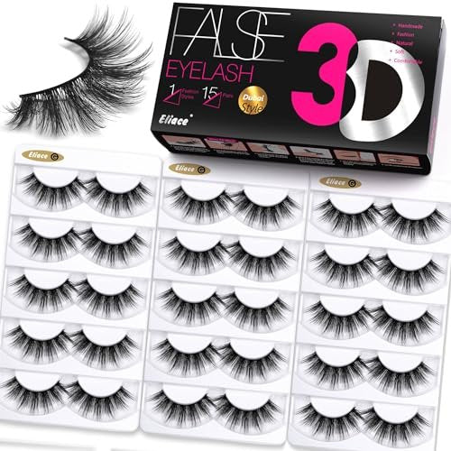 Eliace Fake Wimpern Natürlicher Look 14mm, 15 Paar Katzenaugen Wimpern Wispy Streifen, 3D Mink Wimpern Flauschig Volumen Dramatisch Dick Kreuz Wispies Lash Dünnes Weiches Band Bequem Dubai Stil