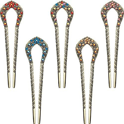 Waydress 5-teilige Vintage Haarnadeln Französische Haarnadeln für Dutt Metall Chignon Haarnadeln Chopsticks Kristall Strass Doppelzinkige Haarnadel U-förmige Dutt Accessoires für Frauen (Elegantes Muster)