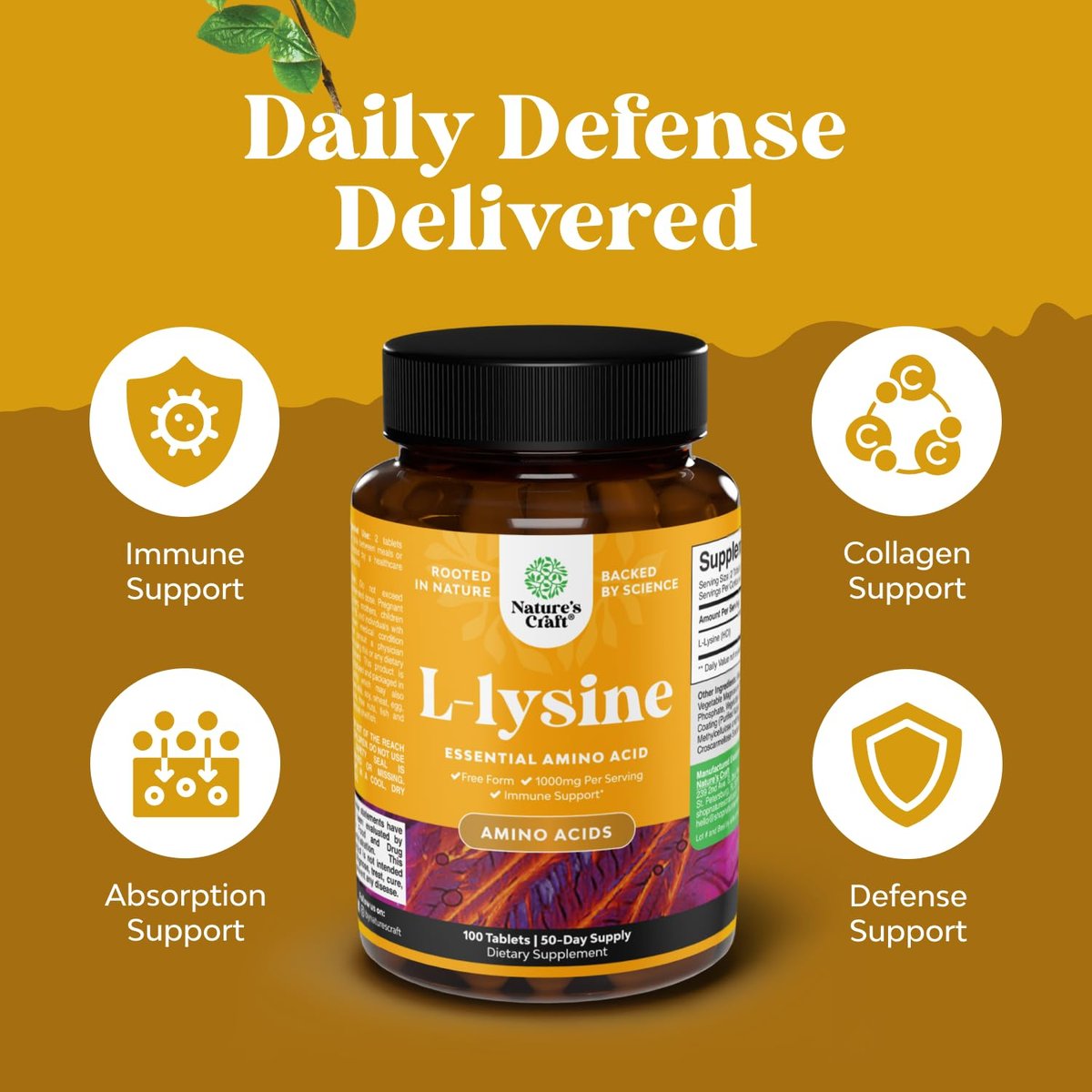 Natures Craft L-Lysin Kapseln - Hochdosiertes L-Lysin Supplement für Augengesundheit, Lippenpflege, Kollagensynthese und Immununterstützung - Essentielle Aminosäure - 1000 mg pro Portion - 100 Kapseln