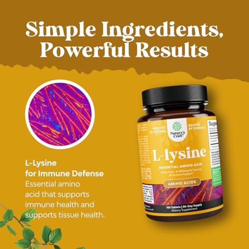 Natures Craft L-Lysin Kapseln - Hochdosiertes L-Lysin Supplement für Augengesundheit, Lippenpflege, Kollagensynthese und Immununterstützung - Essentielle Aminosäure - 1000 mg pro Portion - 100 Kapseln