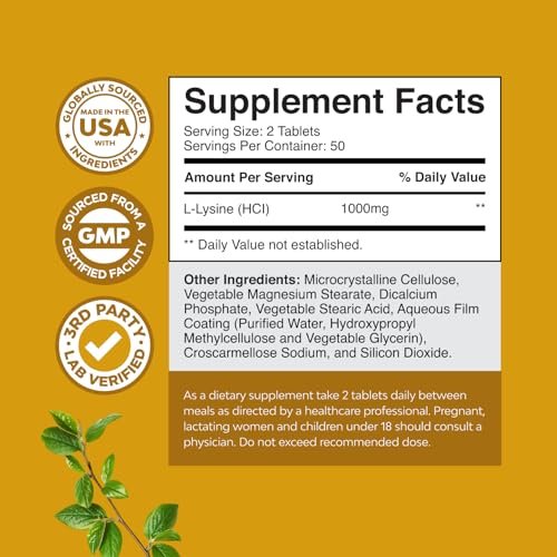 Natures Craft L-Lysin Kapseln - Hochdosiertes L-Lysin Supplement für Augengesundheit, Lippenpflege, Kollagensynthese und Immununterstützung - Essentielle Aminosäure - 1000 mg pro Portion - 100 Kapseln