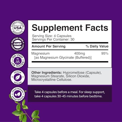 Reines Magnesiumglycinat 400 mg pro Portion – Vegane, hoch bioverfügbare Kapseln für Frauen und Männer – Unterstützt Stimmung, Schlaf und Entspannung – 120 Kapseln
