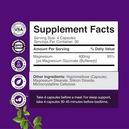 Reines Magnesiumglycinat 400 mg pro Portion – Vegane, hoch bioverfügbare Kapseln für Frauen und Männer – Unterstützt Stimmung, Schlaf und Entspannung – 120 Kapseln