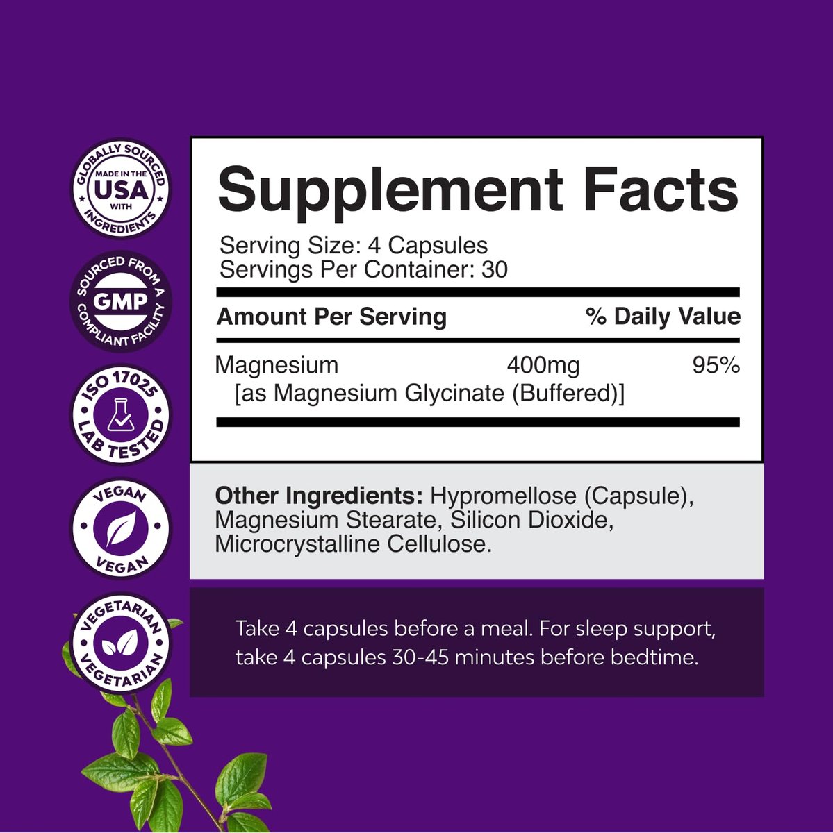 Reines Magnesiumglycinat 400 mg pro Portion – Vegane, hoch bioverfügbare Kapseln für Frauen und Männer – Unterstützt Stimmung, Schlaf und Entspannung – 120 Kapseln
